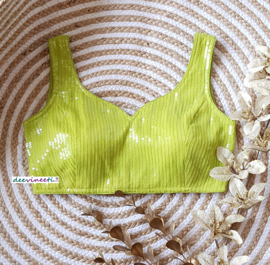 Lime Green Sequins Embroidered Sweetheart Neck Blouse DVBL_133