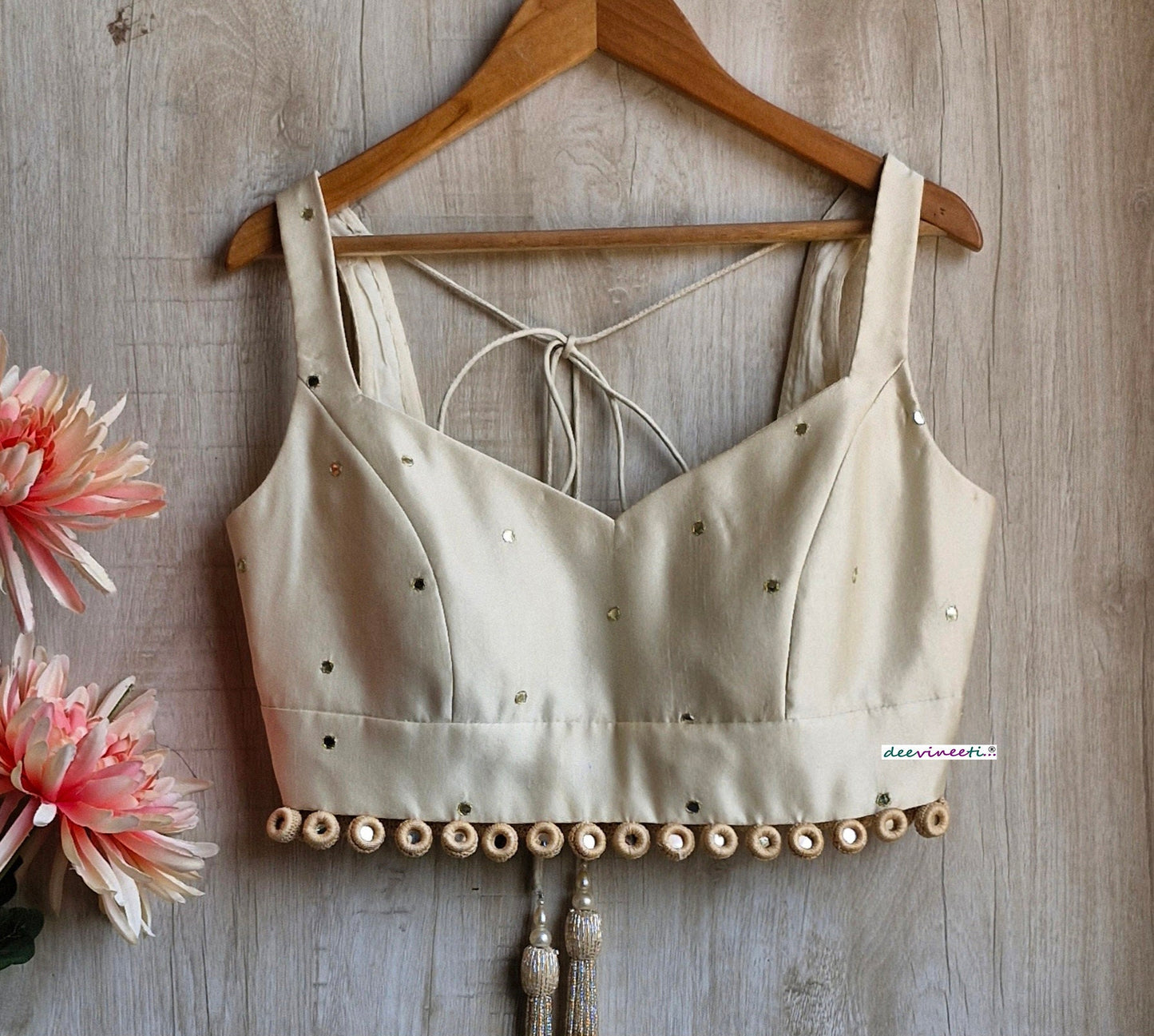 Cream Linen Tissue Silk Semi Sweetheart Neck Blouse DVBL_351