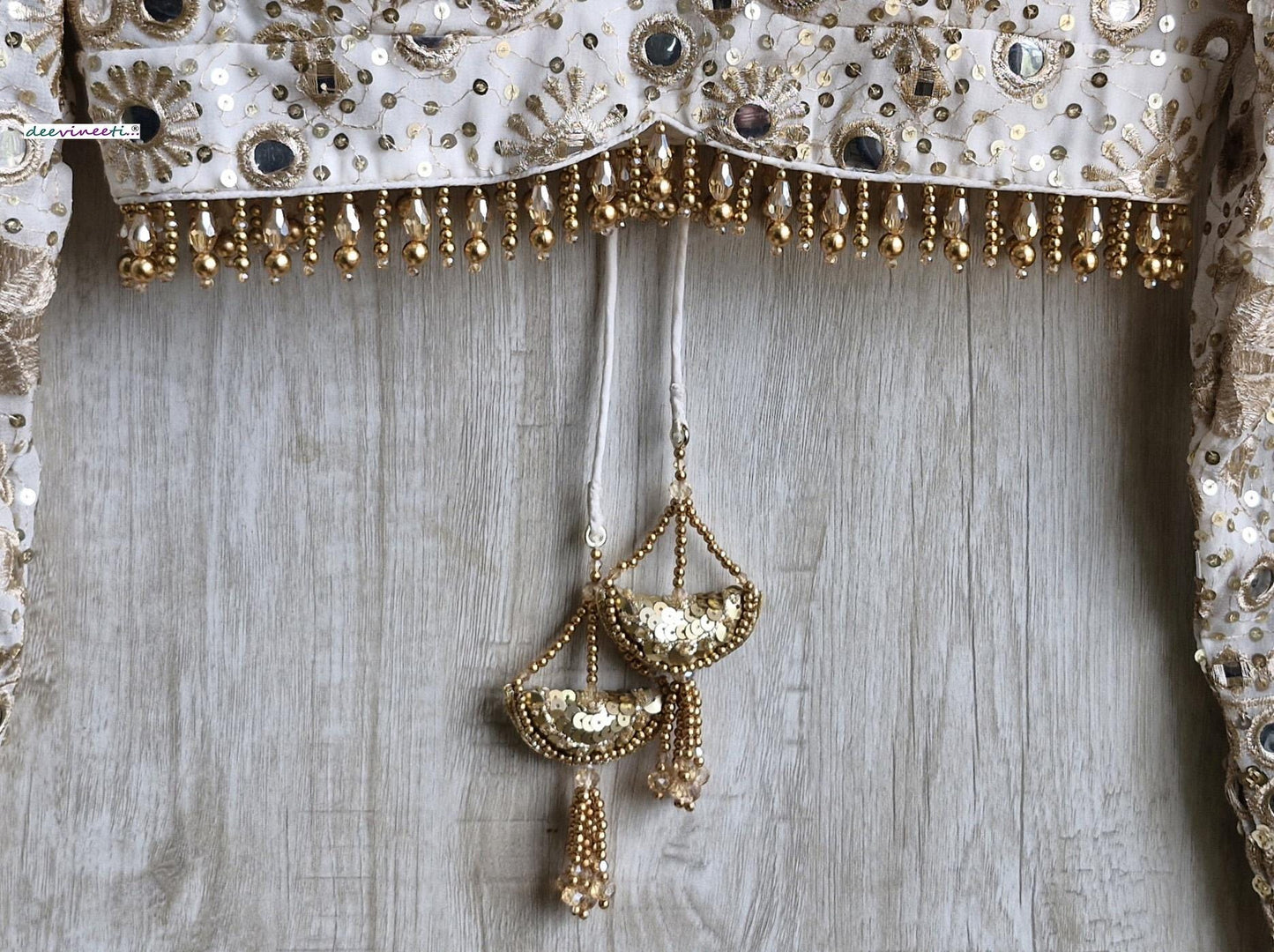 Ivory and Gold Embroidered Sweetheart Neck Long Sleeves Blouse DVBL_373