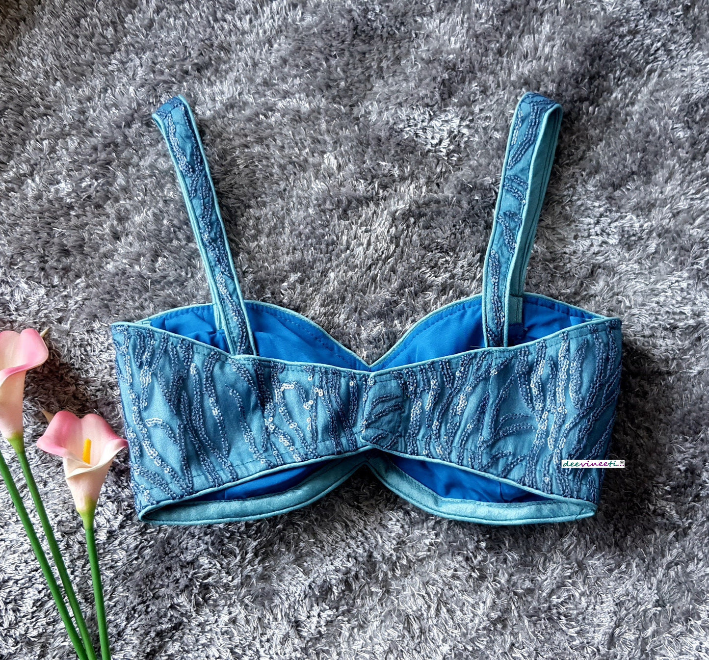 Blue Embroidered Sweetheart Neck Spaghetti Blouse DVBL_285