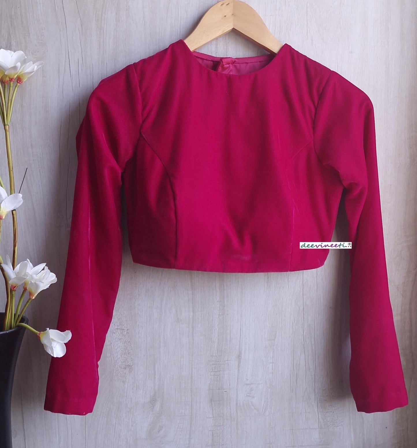 Bright Pink Velvet Jewel Neck Blouse DVBL_393