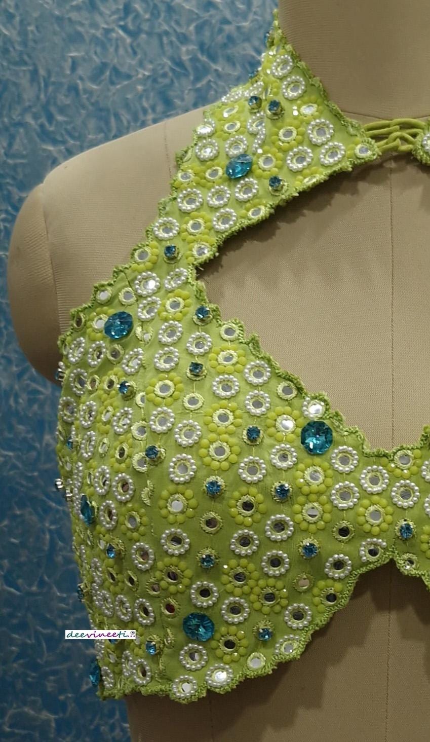 Hand Embroidered Lime Green Halter Blouse DVBL_386