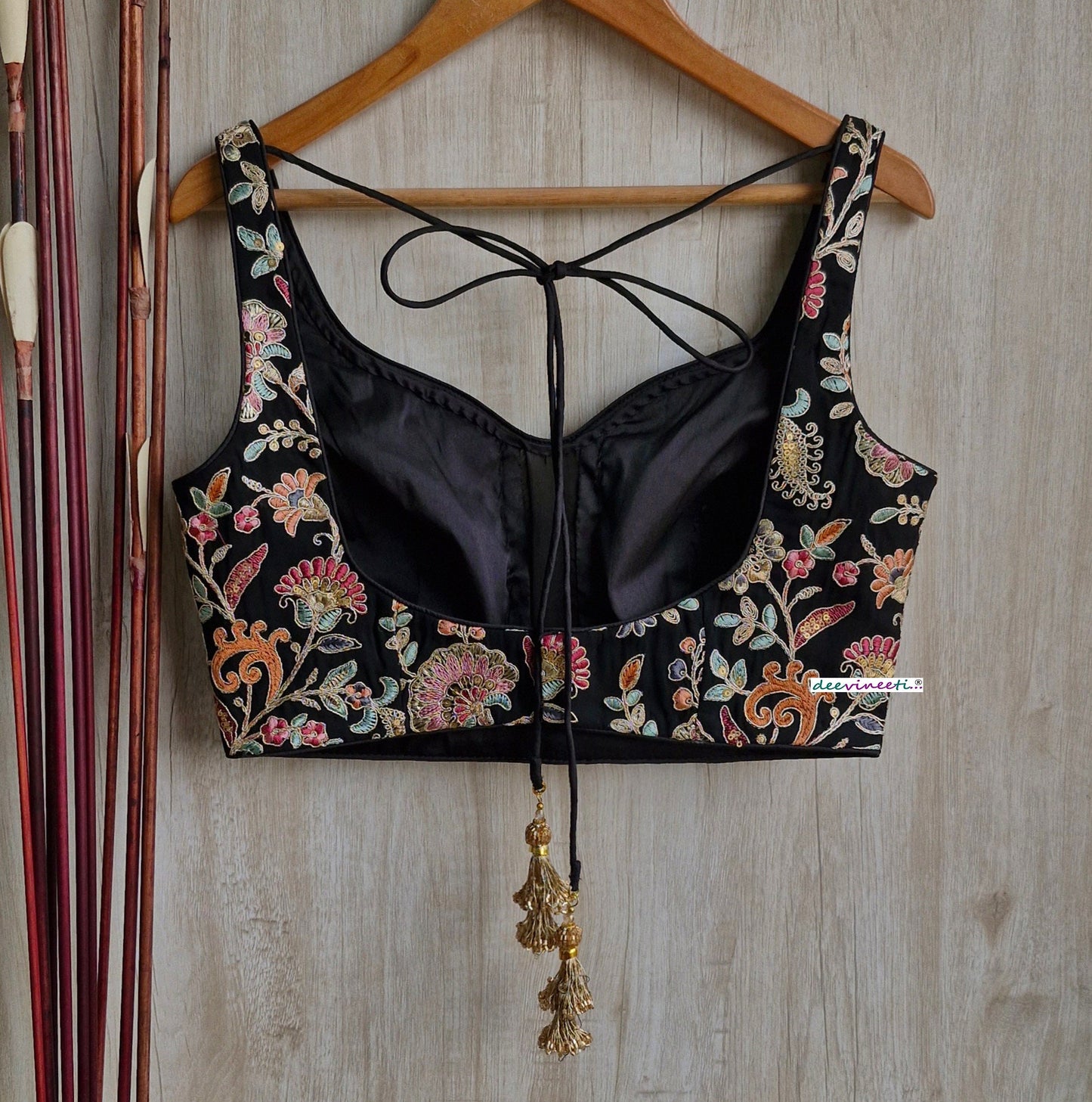 Black Embroidered  Sweetheart Neck Blouse DVBL_314