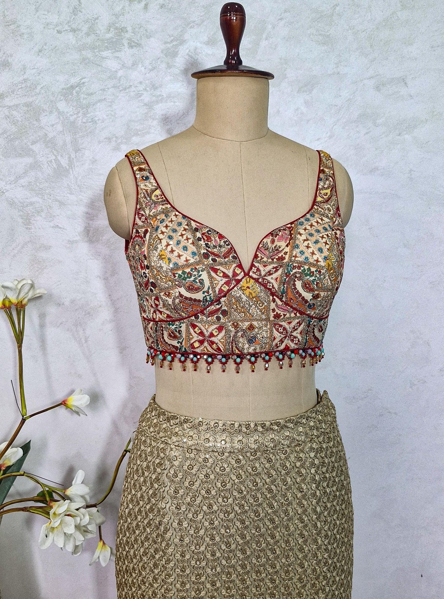 Embroidered Multicolor Chinon Deep Sweetheart Neck Blouse DVBL_434