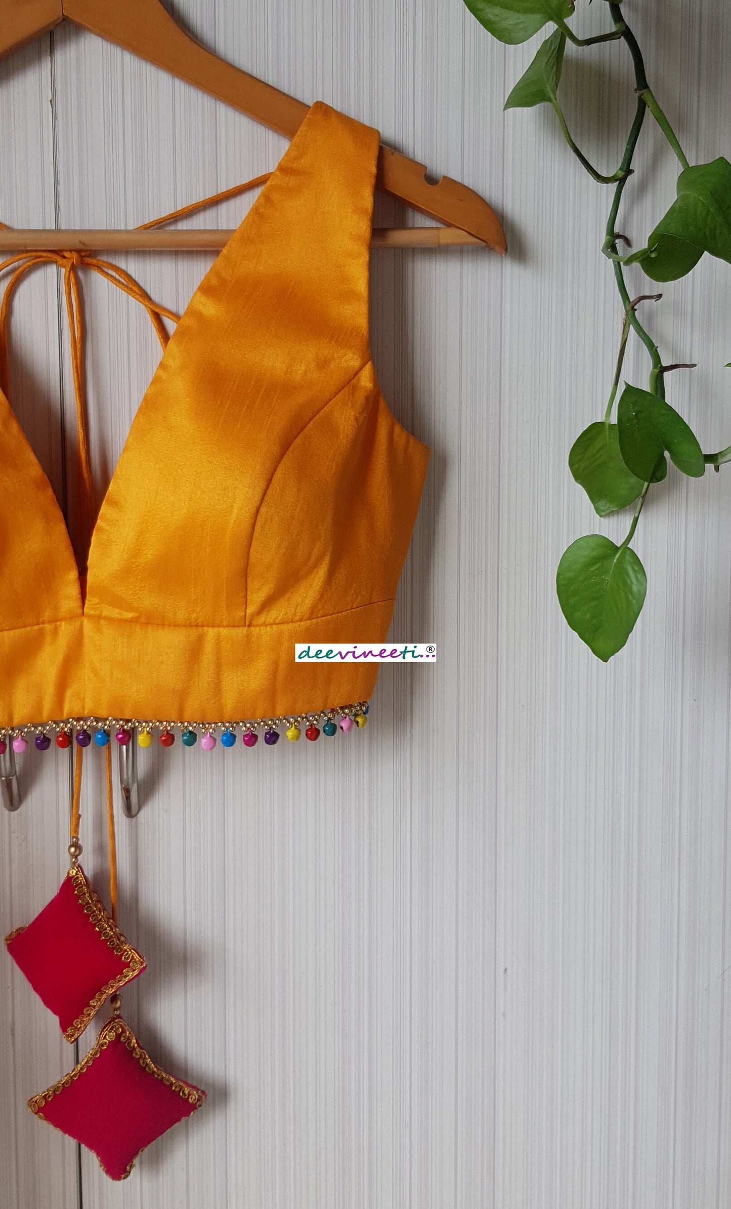 Amber Yellow Raw Silk Plunge Neckline Blouse with Multicolor Fringes DVBL_261