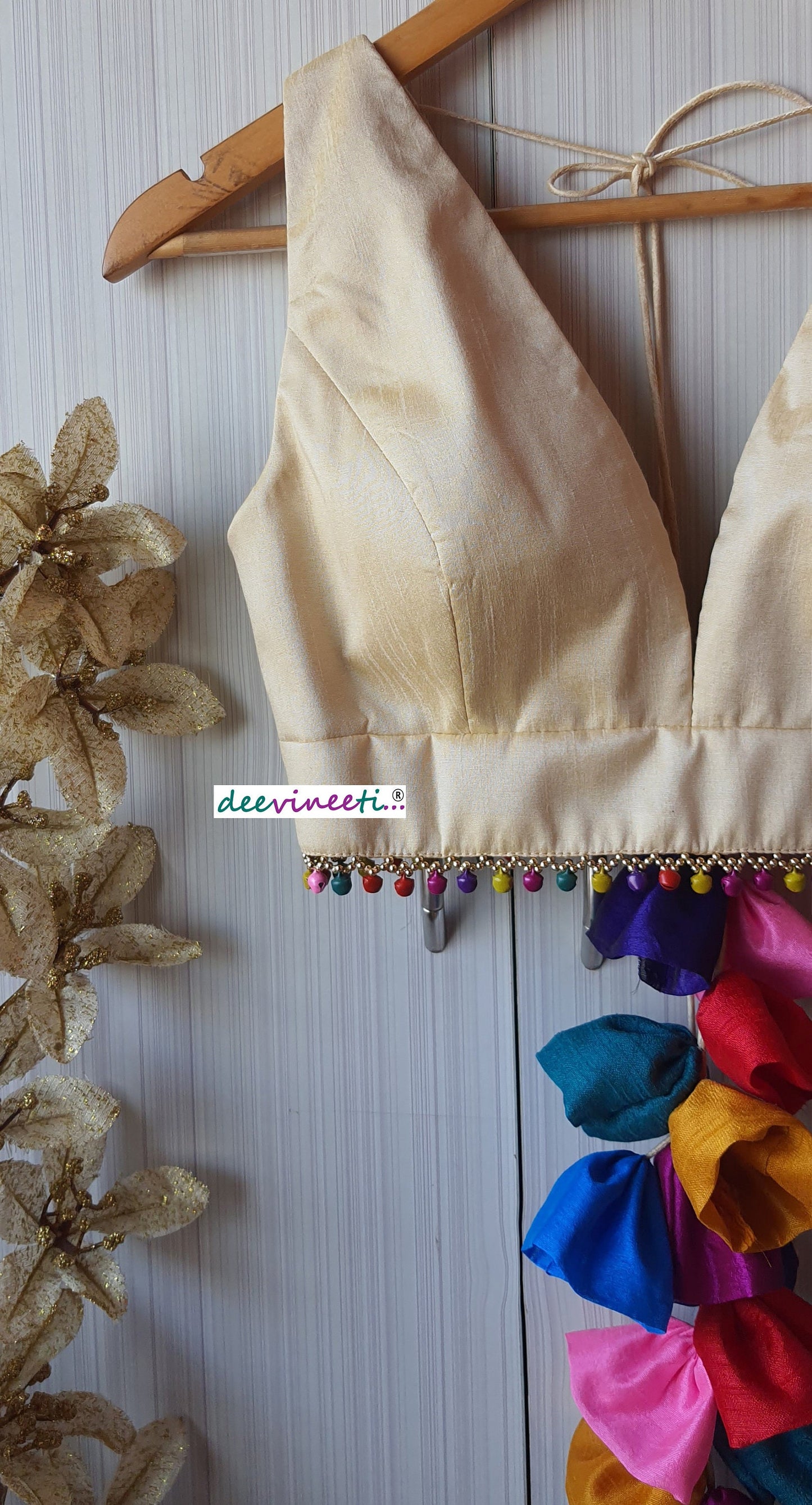 Raw Silk Plunge Neckline Blouse with Multicolor Fringes DVBL_116