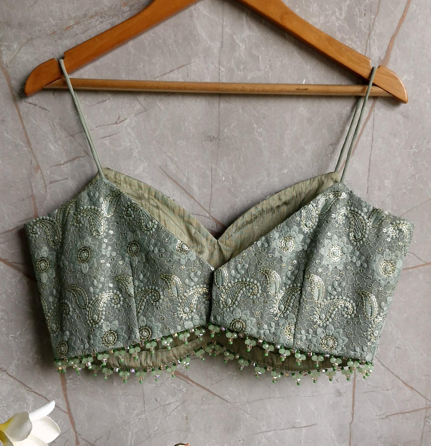 Moss Green Embroidered Georgette V Neck Spaghetti Blouse DVBL_440