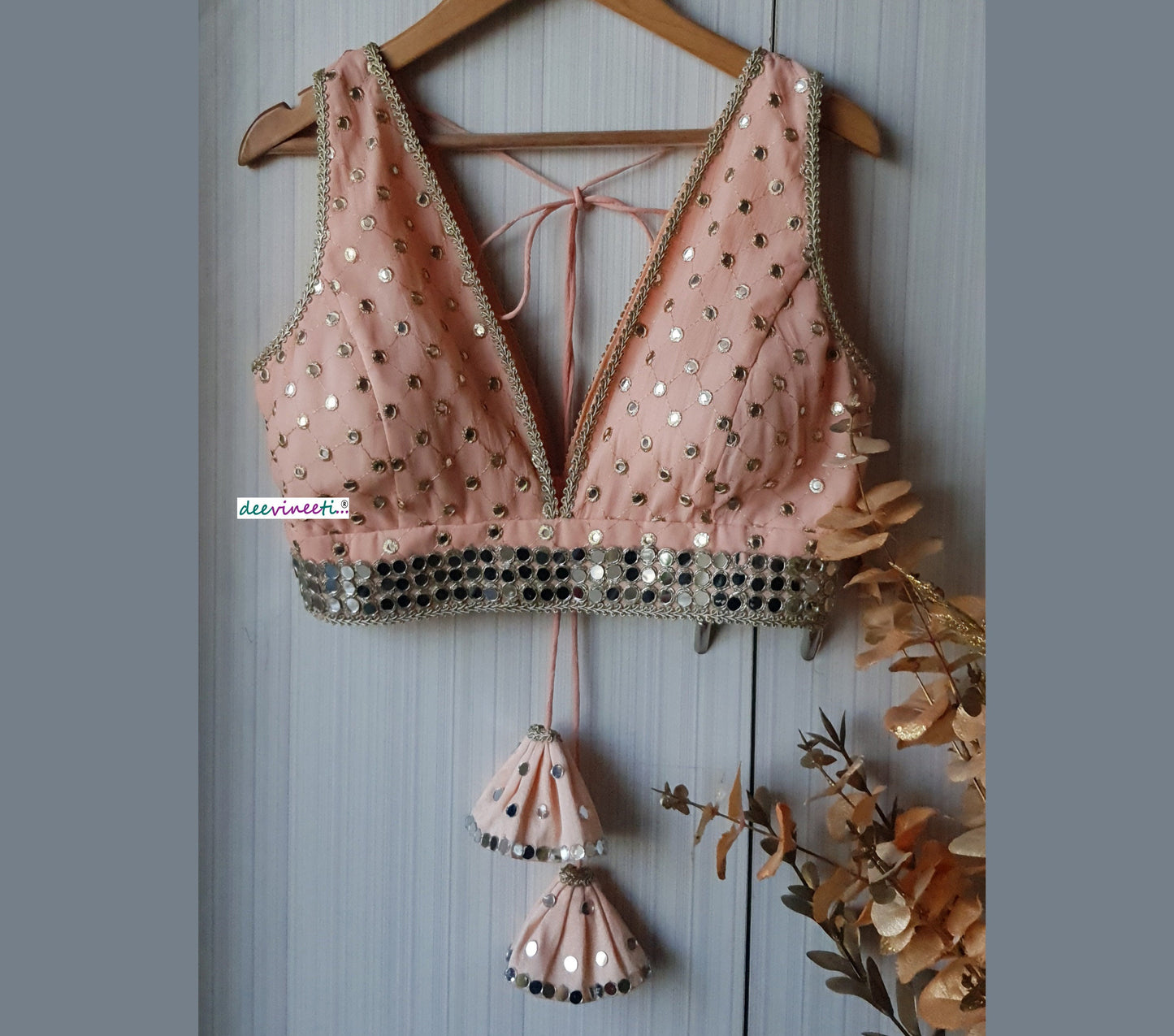 Faux Mirror  Embroidered Peach Plunge Neckline Blouse  DVBL_162