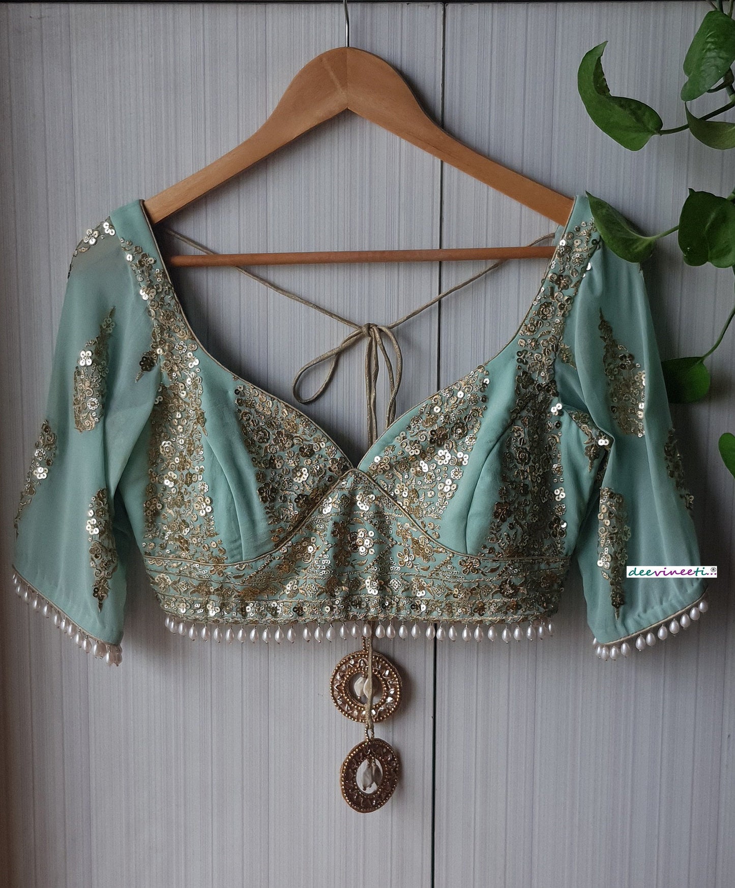 Sea Green Embroidered Sweetheart Neck Blouse DVBL_258