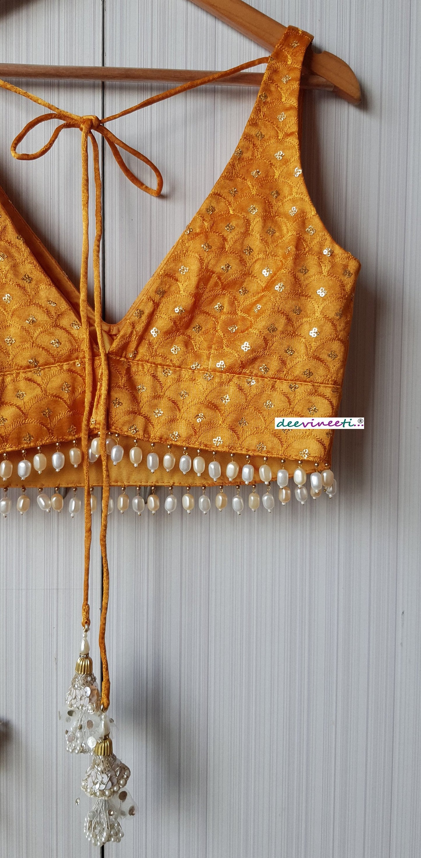 Mustard Embroidered Gajji Silk Deep V Neck Blouse DVBL_209