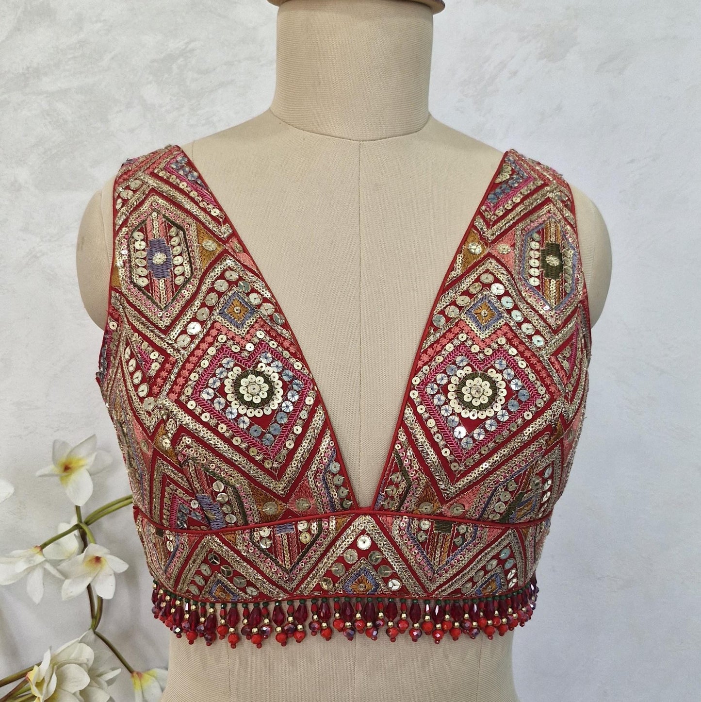 Red Embroidered Plunge Neckline DVBL_413