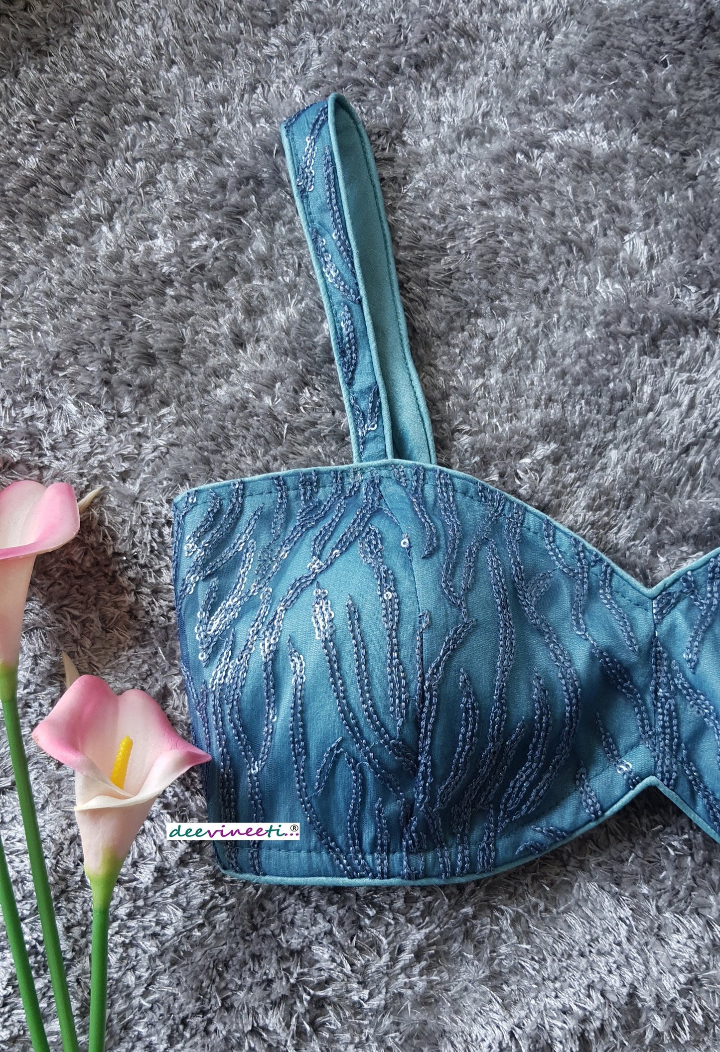 Blue Embroidered Sweetheart Neck Spaghetti Blouse DVBL_285