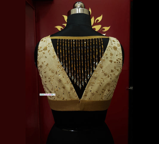 Cream Gold Embroidered Deep V Neck Blouse DVBL_253