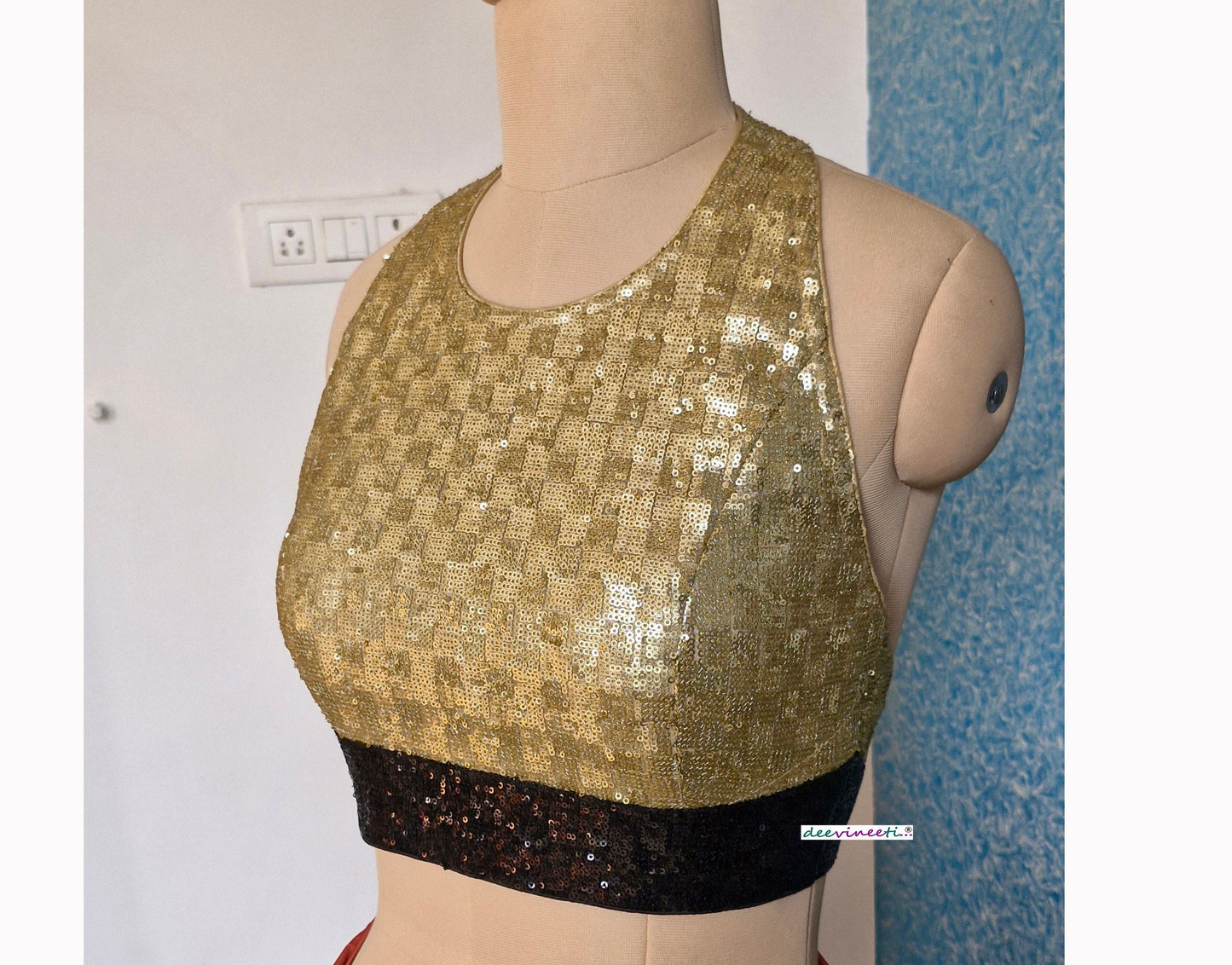 Gold and Black Sequins Halter Neck Backless Blouse DVBL_337