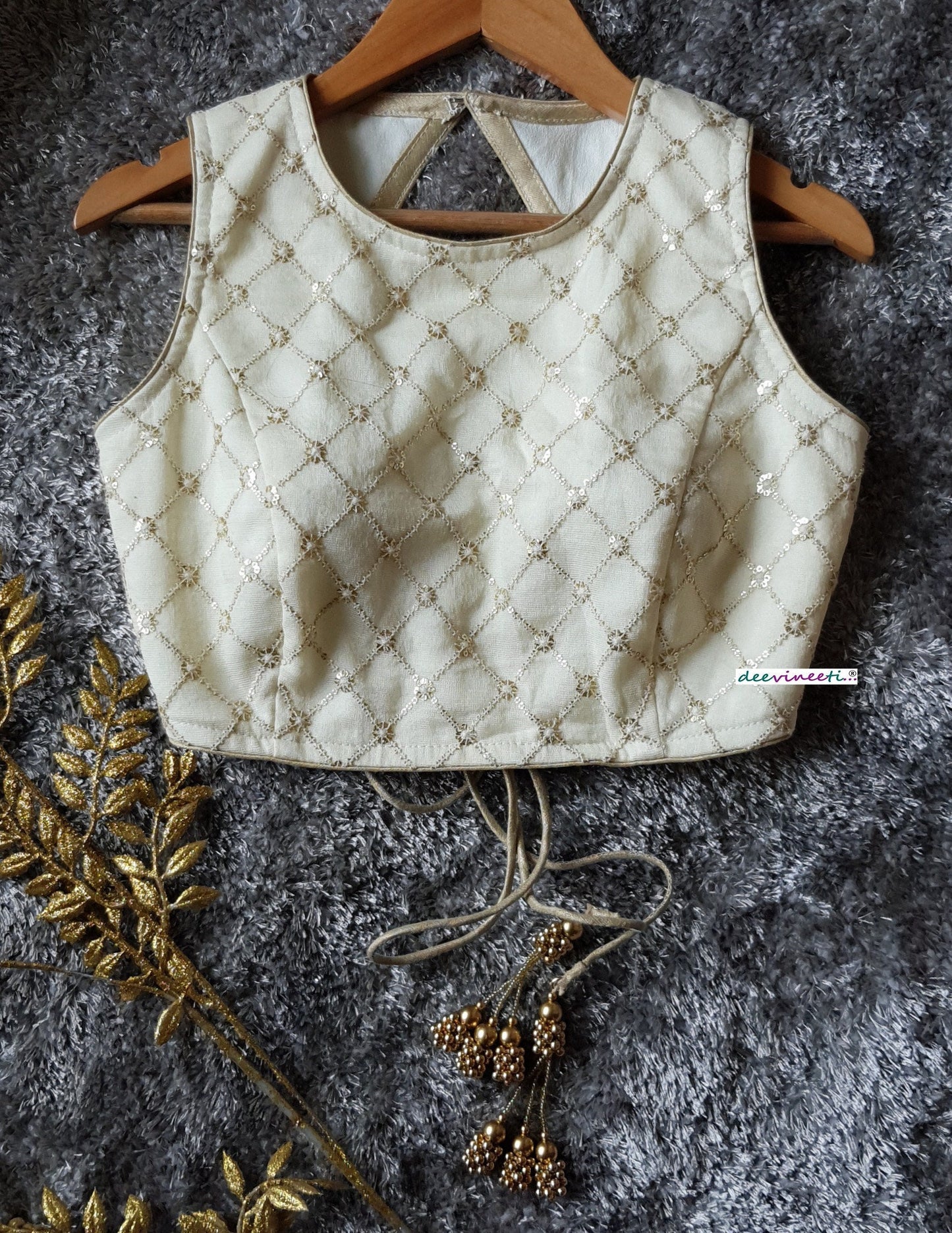 Cream Jute Silk Jewel Neck Backless Blouse DVBL_211
