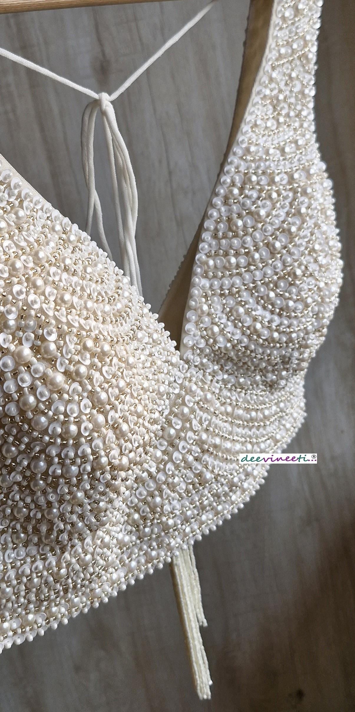Beads and Sequins Hand Embroidered Ivory V Neck DVBL_385