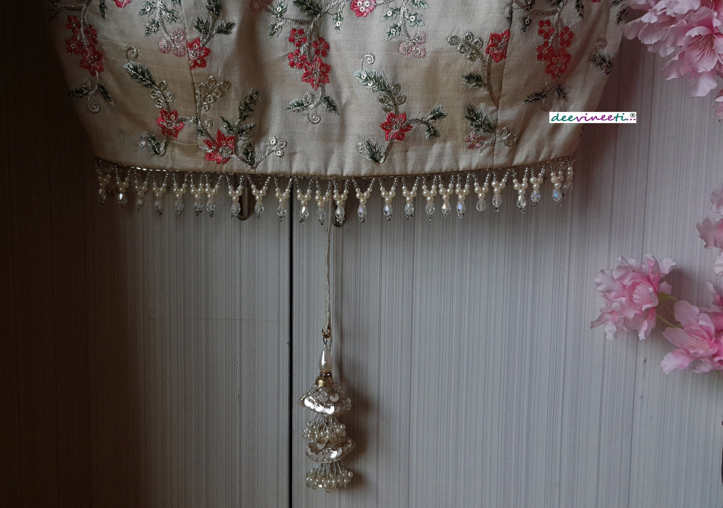 Cream Embroidered Silk U Neck  Blouse DVBL_191