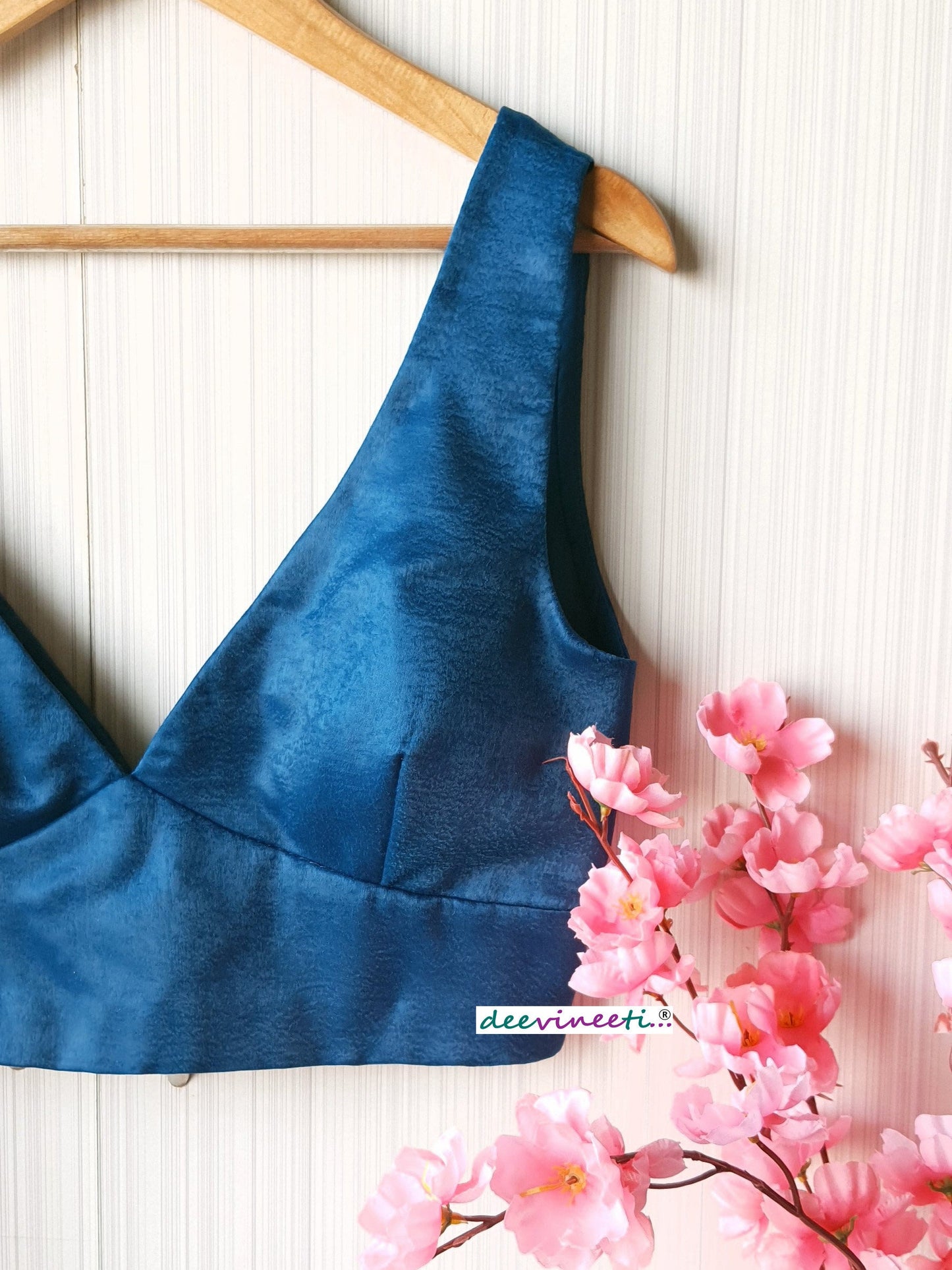 Blue Velvet Crepe Sleeveless Cross Cut Deep V Neck Blouse DVBL_094