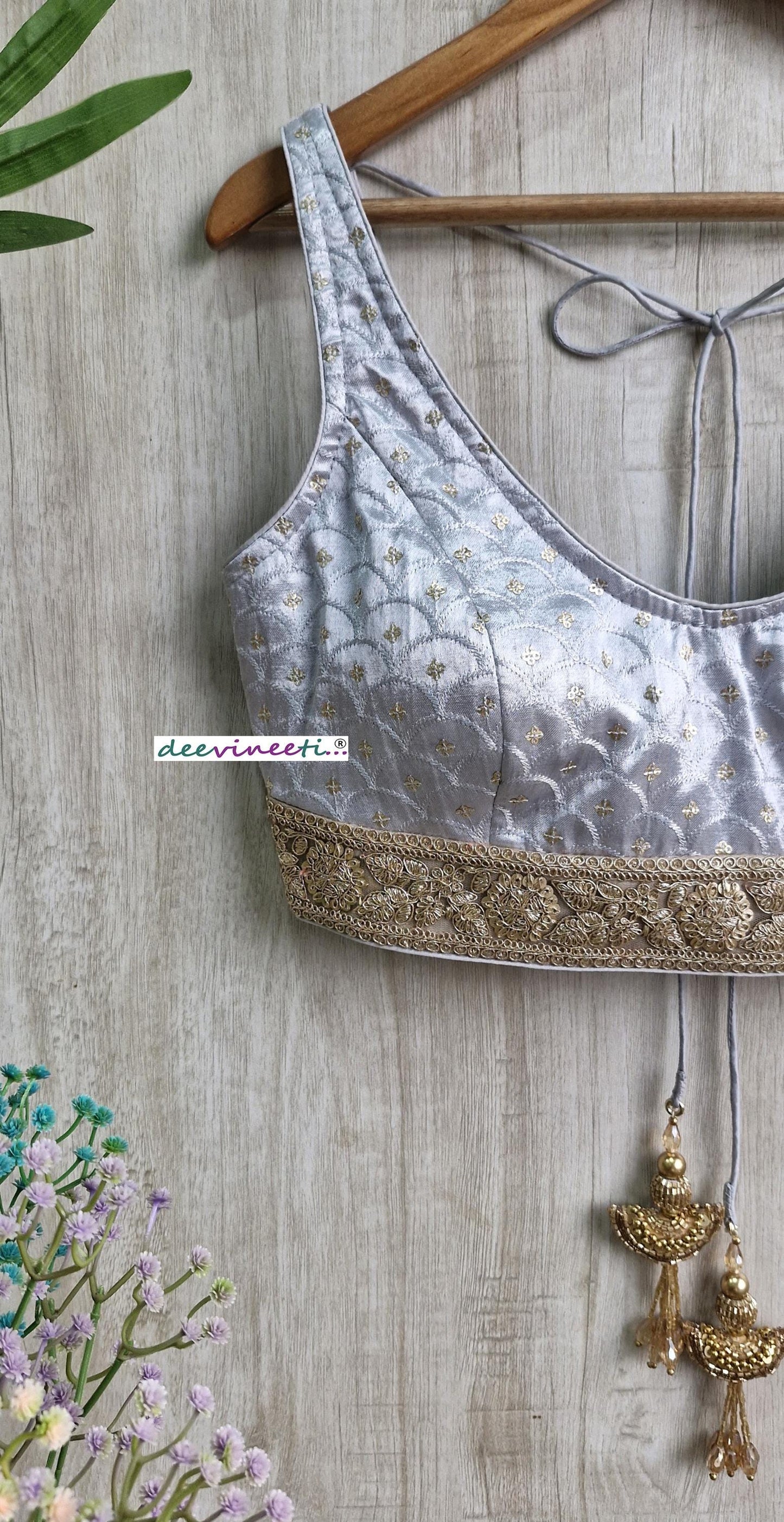 Grey Embroidered Gajji Silk V Neck Blouse DVBL_383