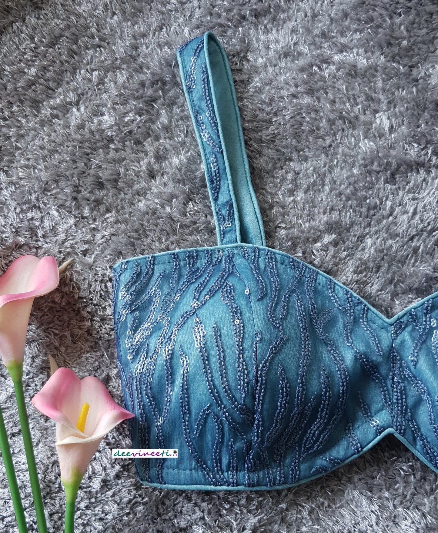 Blue Embroidered Sweetheart Neck Spaghetti Blouse DVBL_285