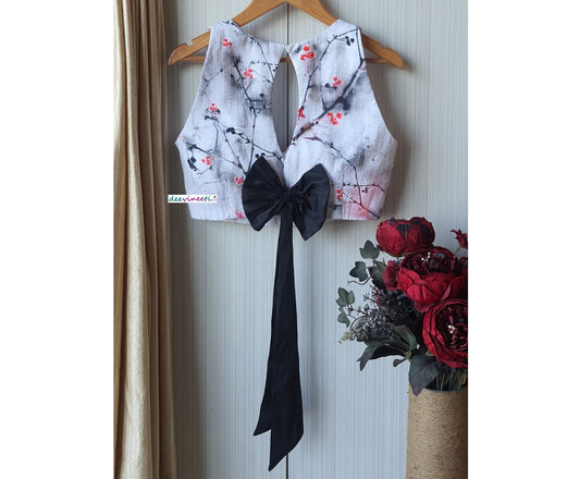 Printed Embroidered White Crepe Halter Blouse DVBL_173
