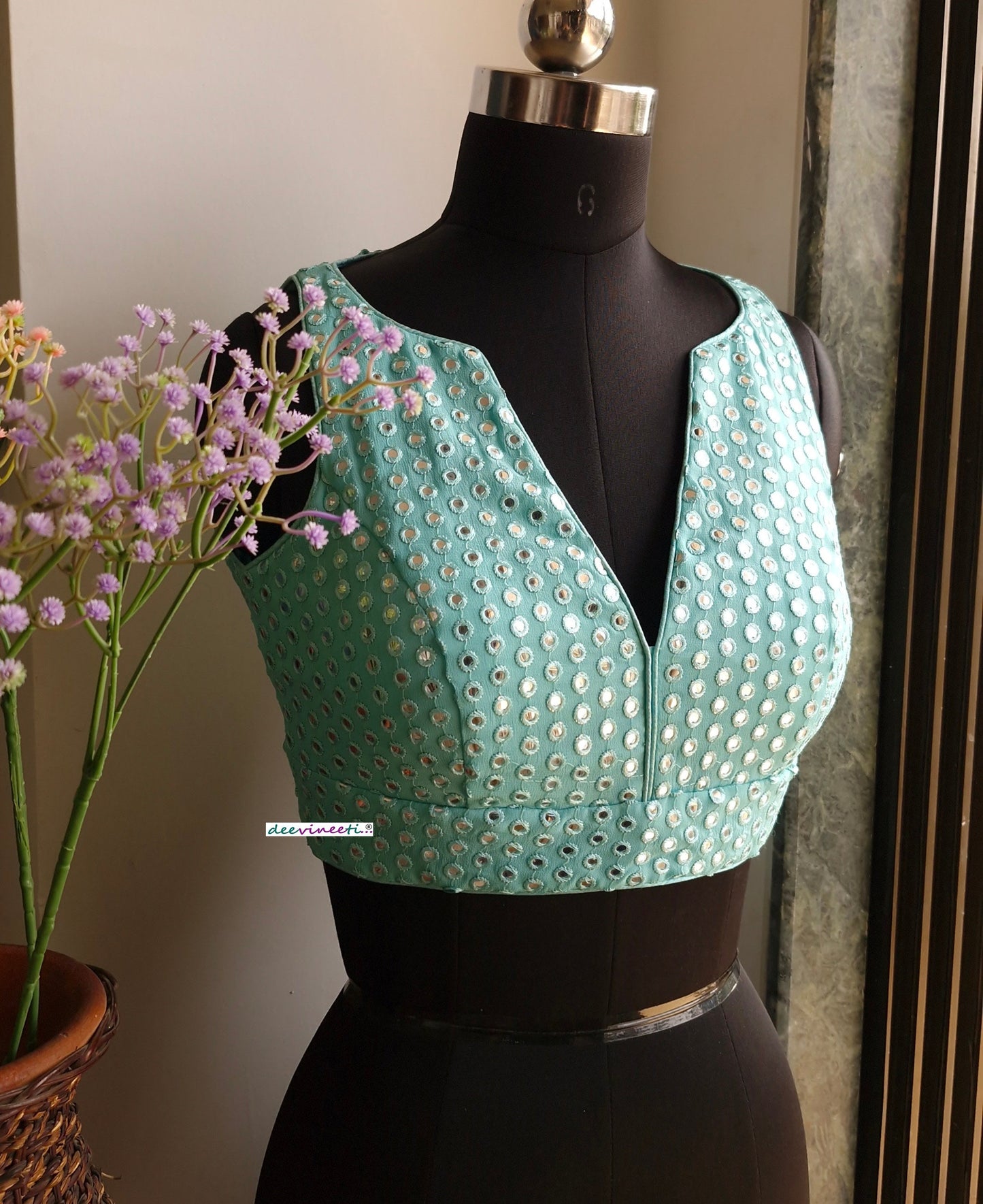 Sea Green Faux Mirror V Neck Blouse DVBL_338