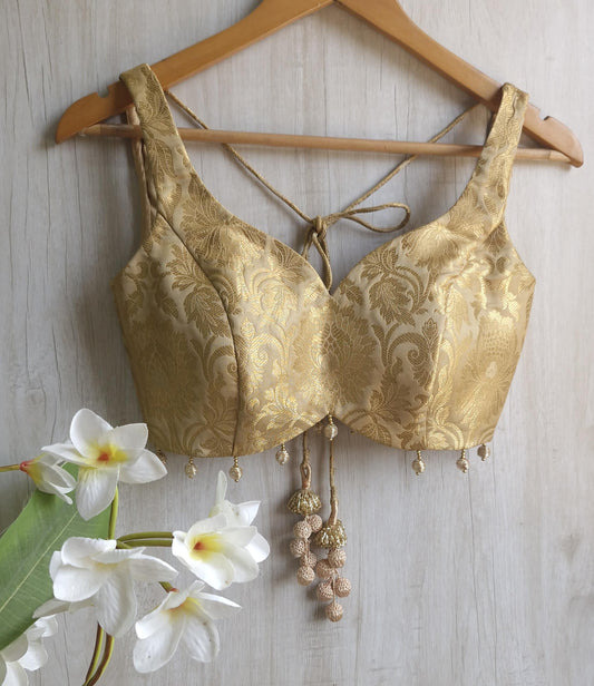 Gold Beige Banarasi Brocade Sweetheart Neck Blouse  DVBL_411