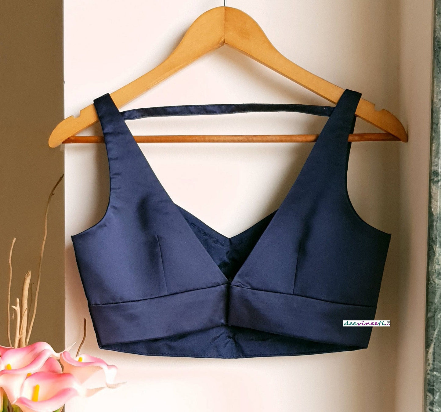 Navy Blue Satin Blouse Deep V Neck Sleeveless DVBL_270