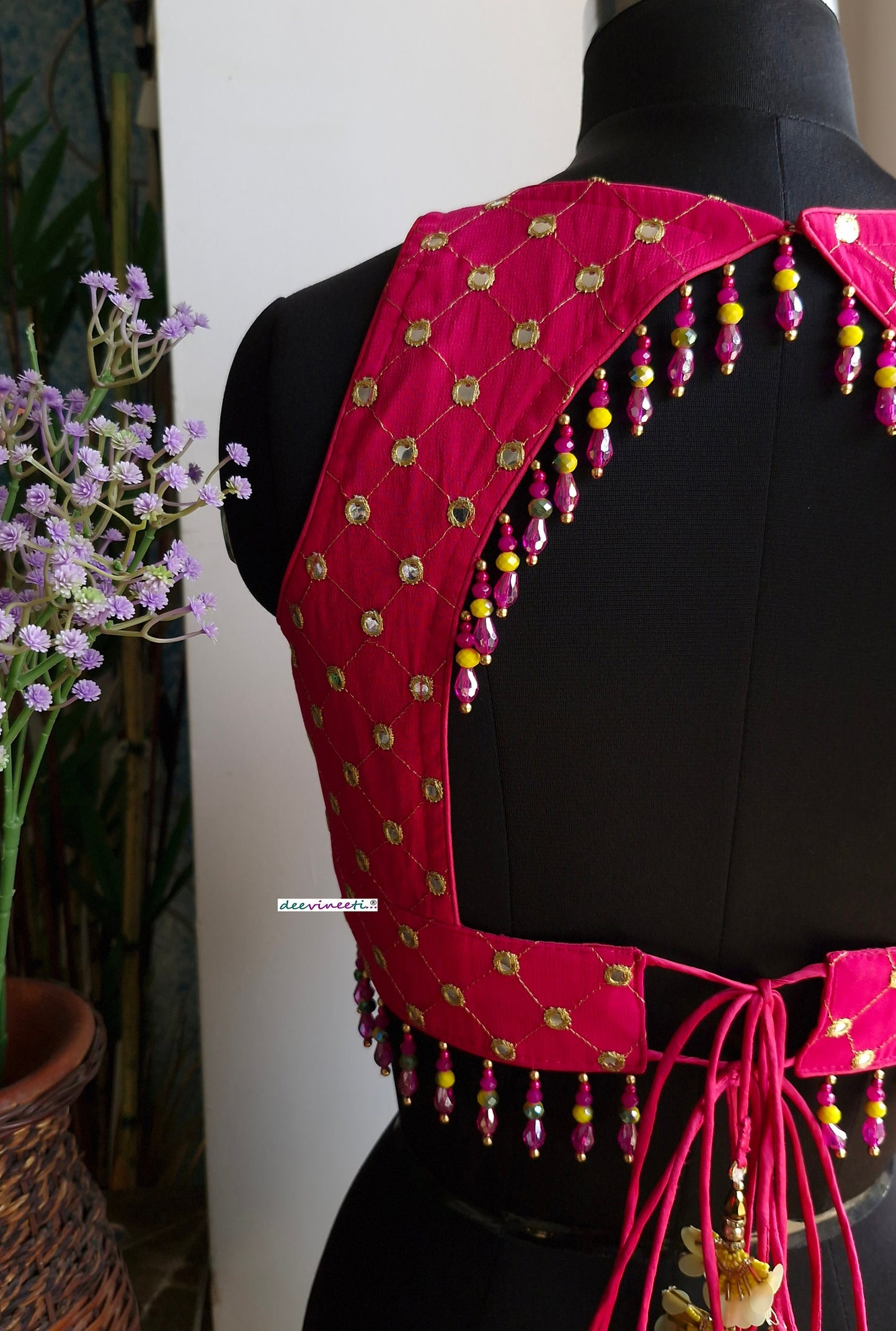 Hot Pink Embroidered Backless Blouse DVBL_336