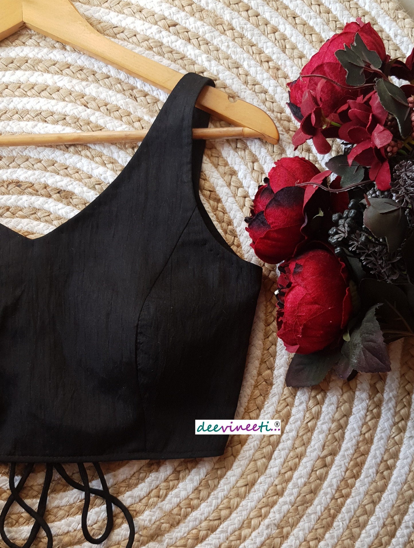 Raw Silk V Neck Open Back Solid Blouse DVBL_118