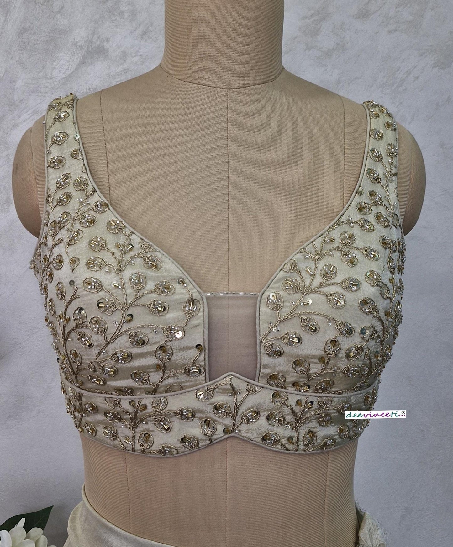 Cream Embroidered Tissue Silk Sweetheart Neck Blouse DVBL_404