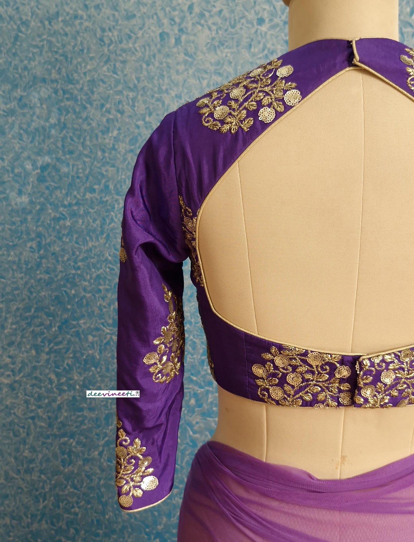 Purple Embroidered Silk Three Fourth Sleeves Blouse DVBL_384