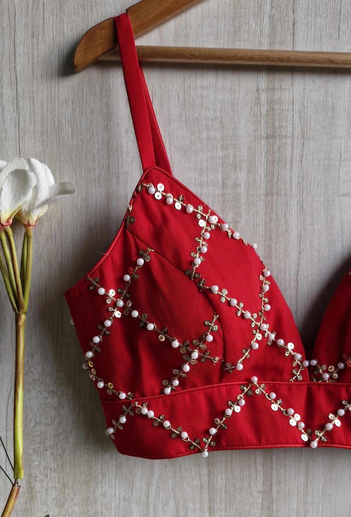 Beads and Sequins Embroidered Red Spaghetti Blouse DVBL_438
