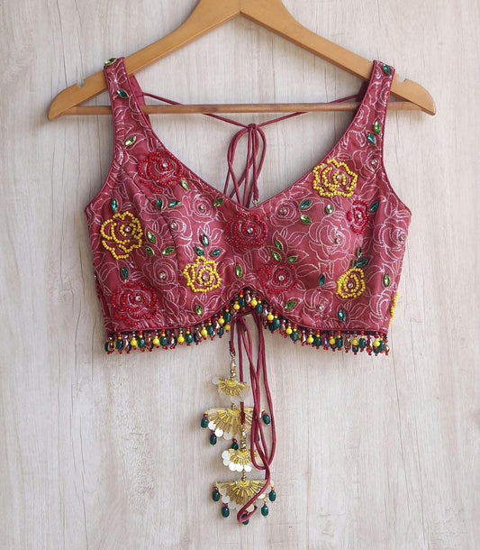 Dusty Rose Pink Beads Embroidered Organza Blouse DVBL_458