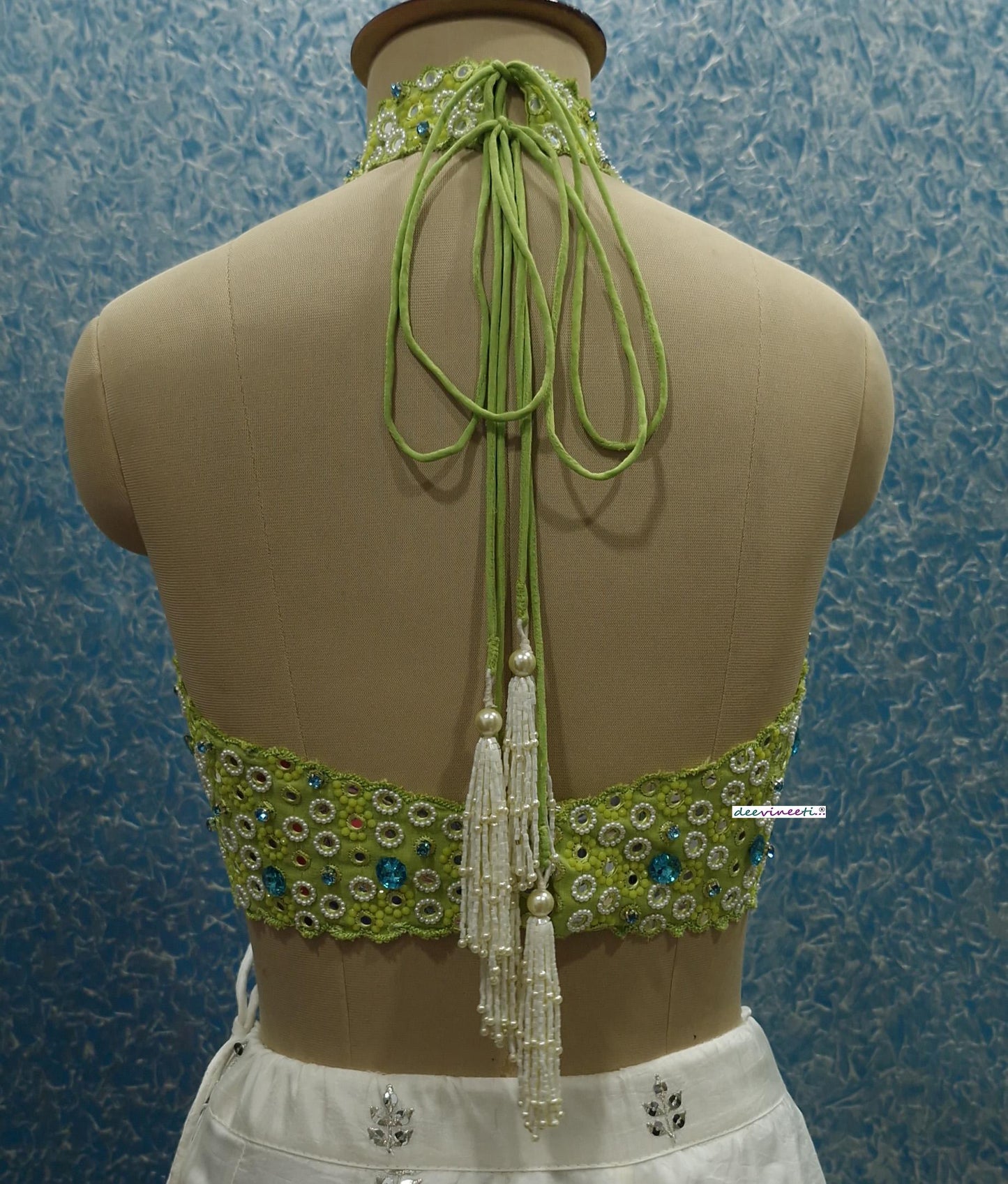 Hand Embroidered Lime Green Halter Blouse DVBL_386