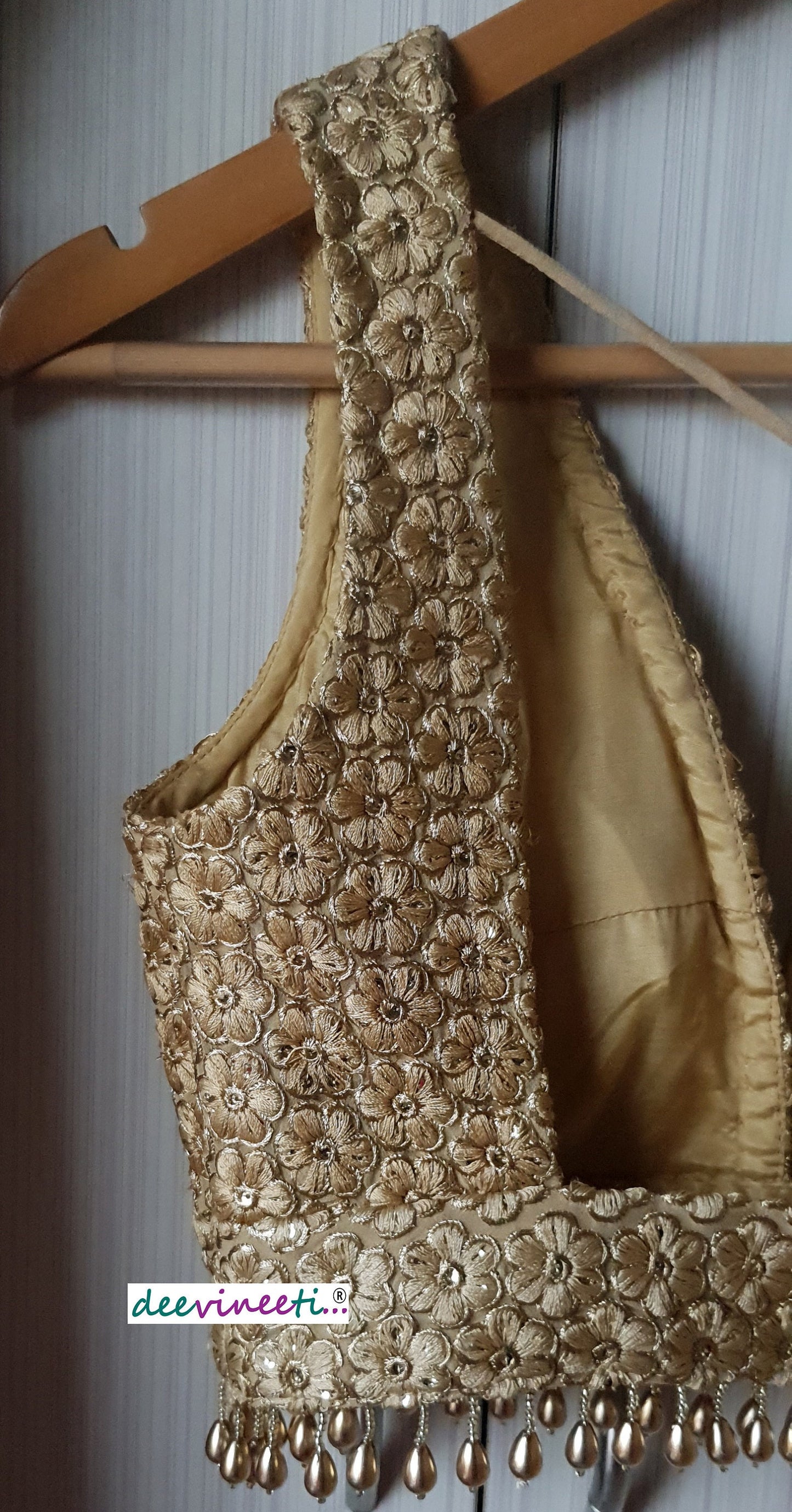 Embroidered Gold Plunge Neckline Blouse DVBL_139
