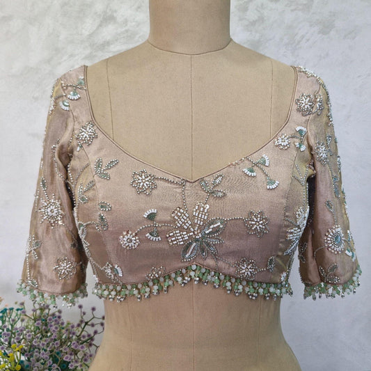 Beads Embroidered Tissue Silk Rose Gold Blouse DVBL_409