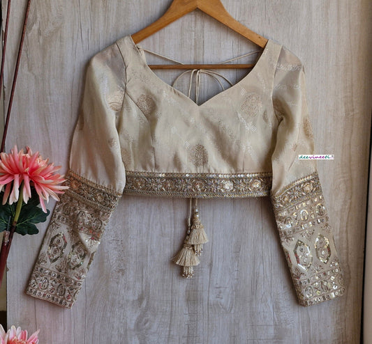 Light Beige Tissue Brocade Long Sleeves Blouse  DVBL_323