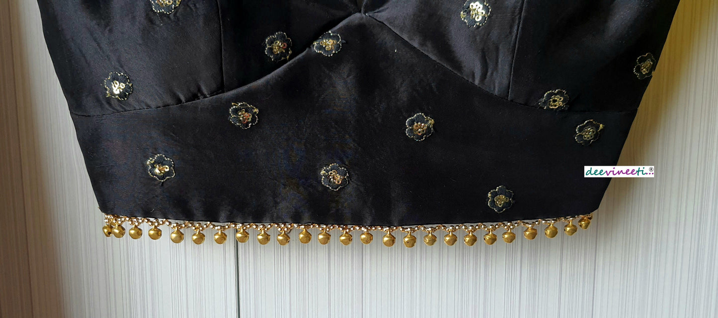 Black Silk Embroidered Sweetheart Neck Blouse DVBL_091