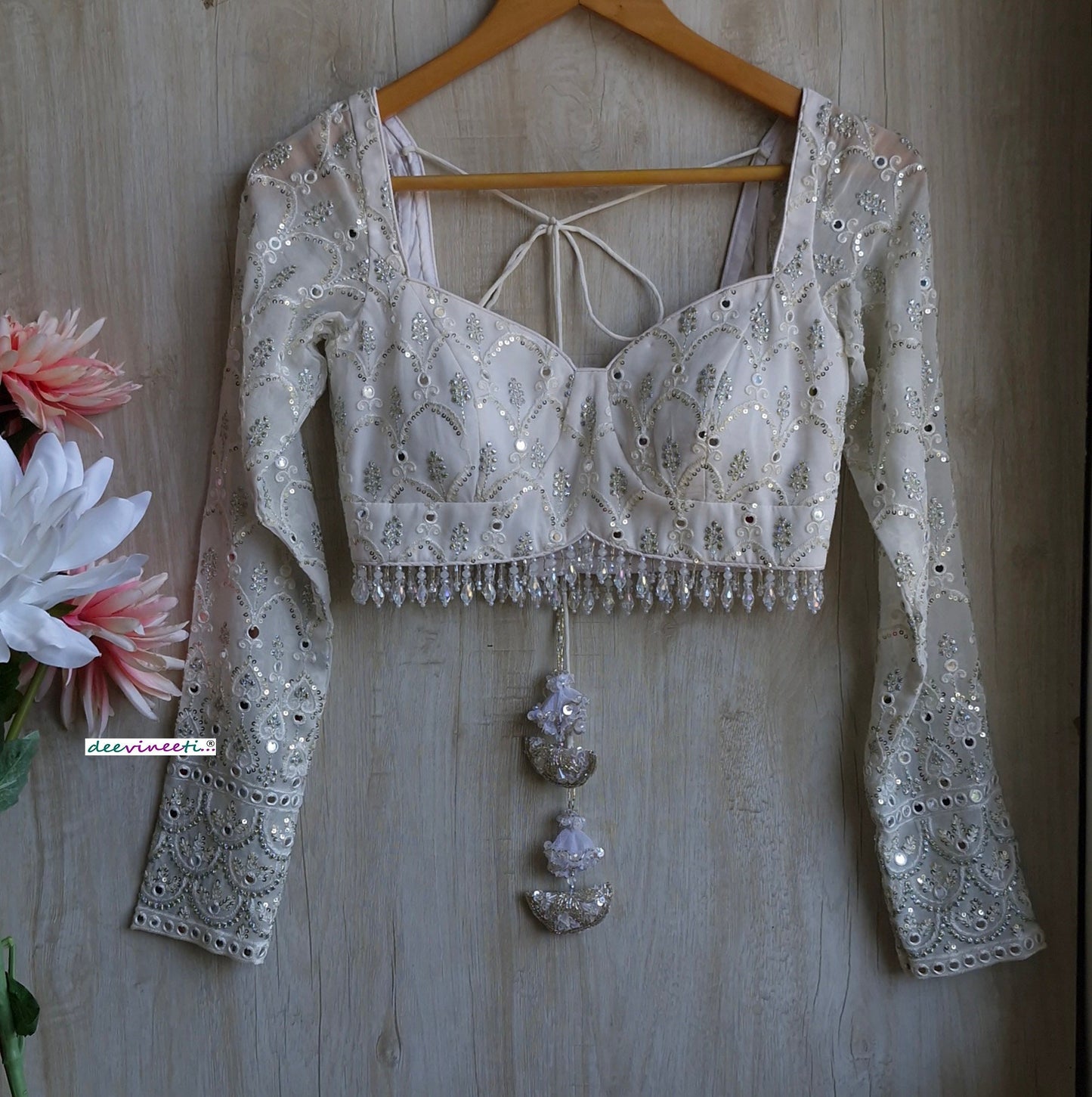 White and Silver Embroidered  Long Sleeves  Blouse DVBL_349