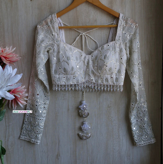 White and Silver Embroidered  Long Sleeves  Blouse DVBL_349