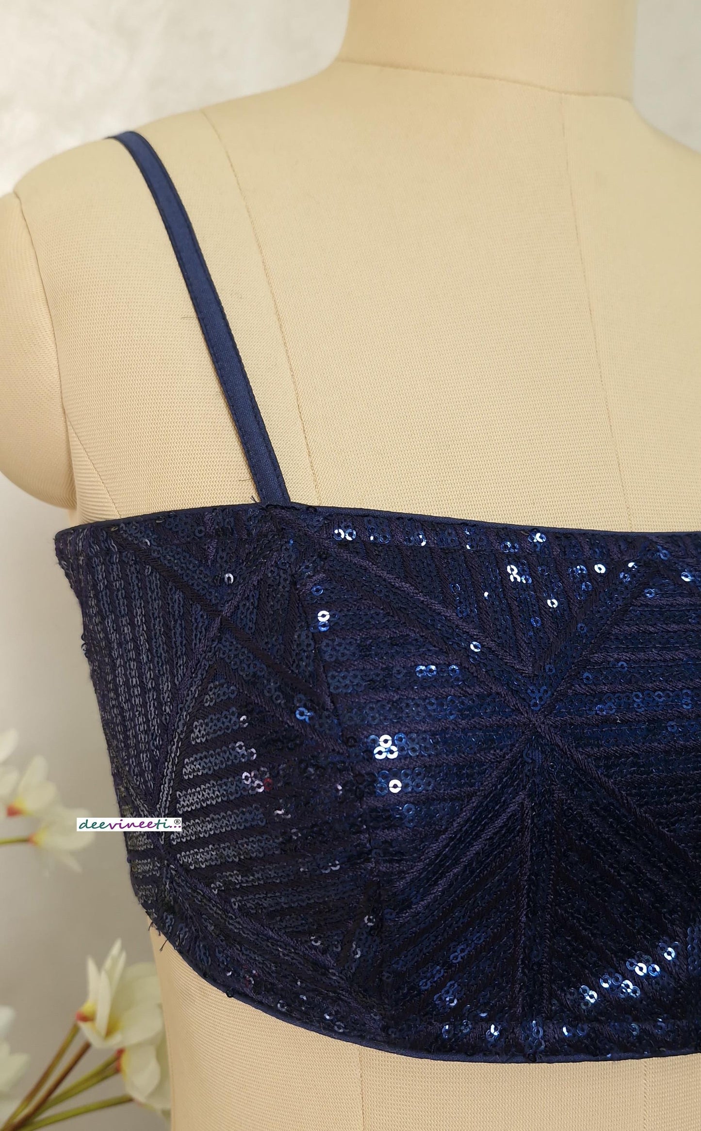 Deep Blue Sequins Embroidered Spaghetti Blouse DVBL_405