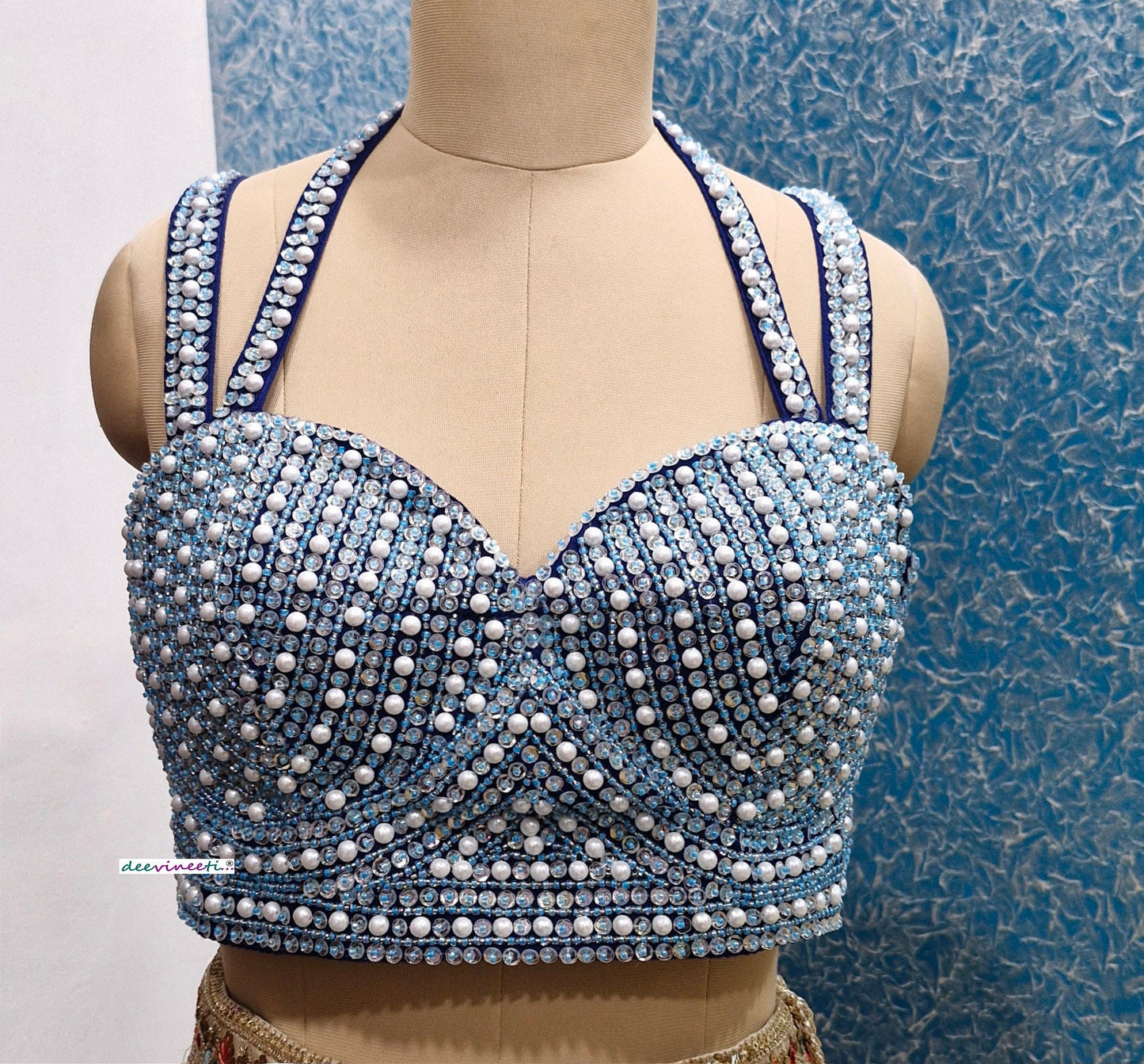 Beads and Sequins Hand Embroidered Blue Bustier Blouse DVBL_354