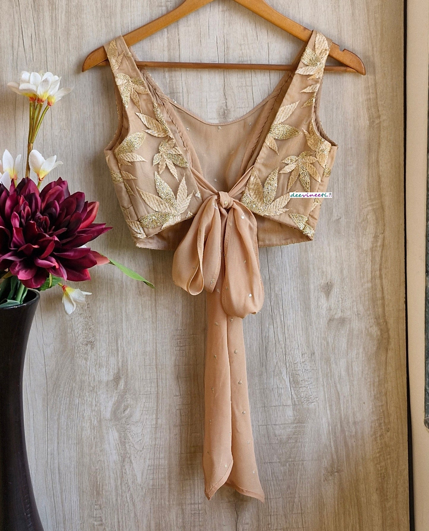 Embroidered Beige Boat Neck Tie Blouse DVBL_346.