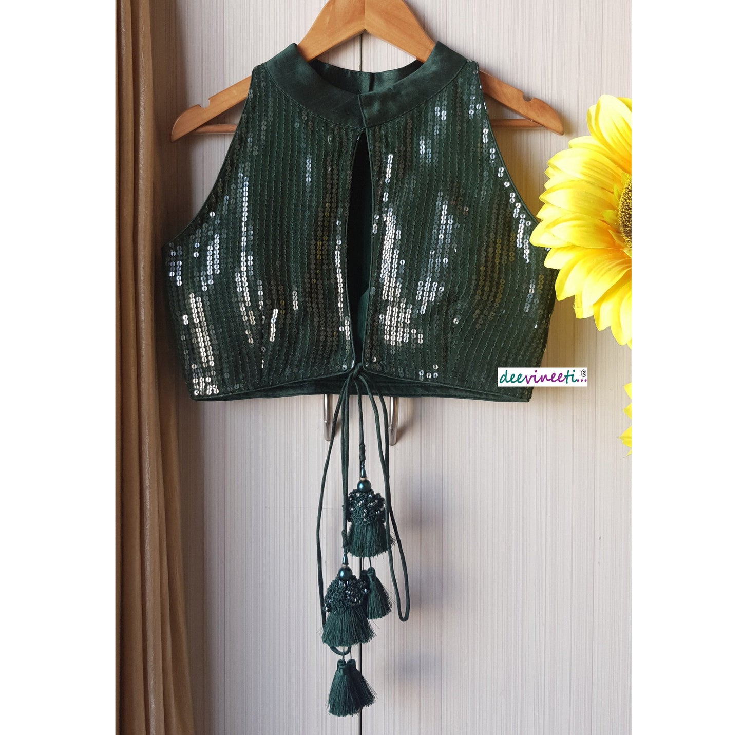 Designer Dark Green Sequins Georgette Blouse High Collar DVBL_149