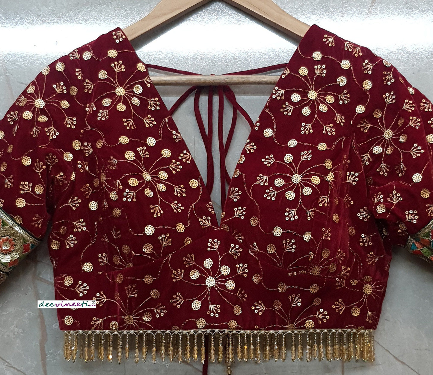 Maroon Embroidered Velvet Deep V Neck Blouse DVBL_200
