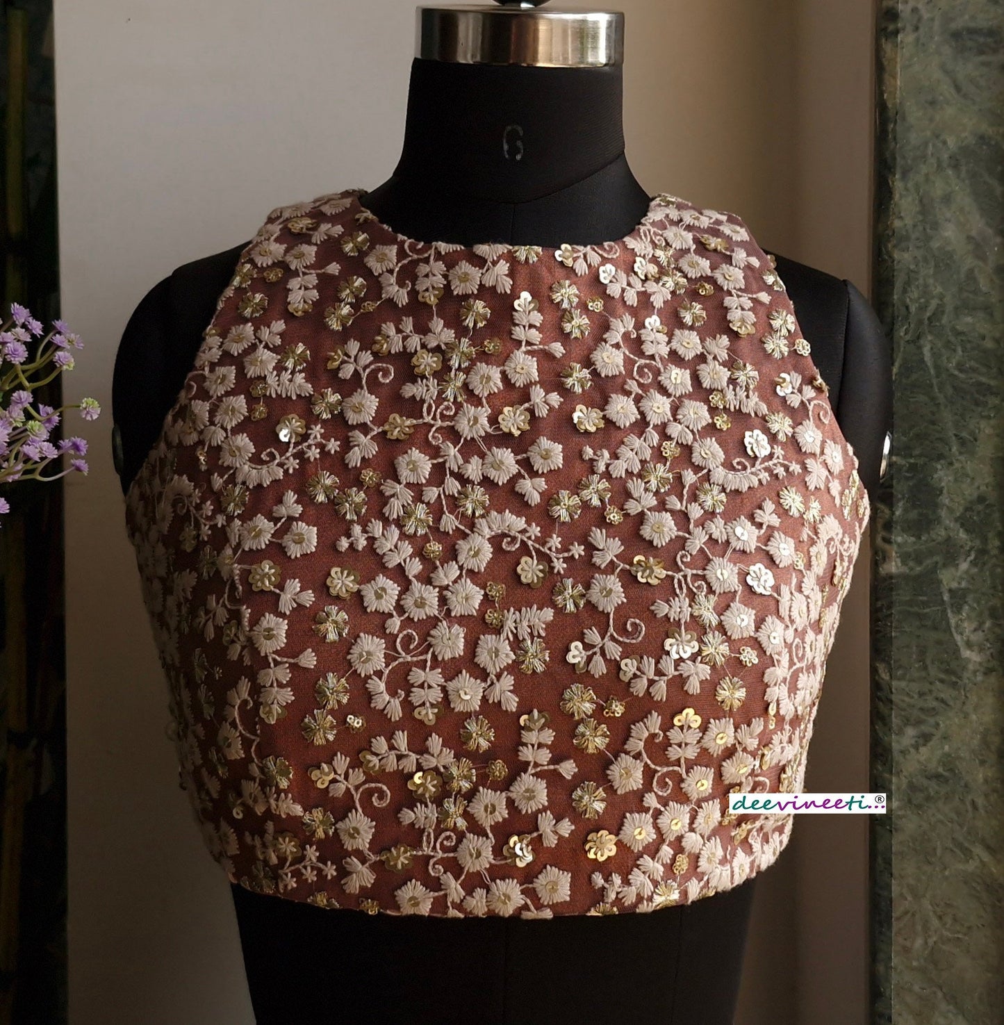 Mauve Brown Embroidered Jewel Neck Backless Blouse DVBL_335