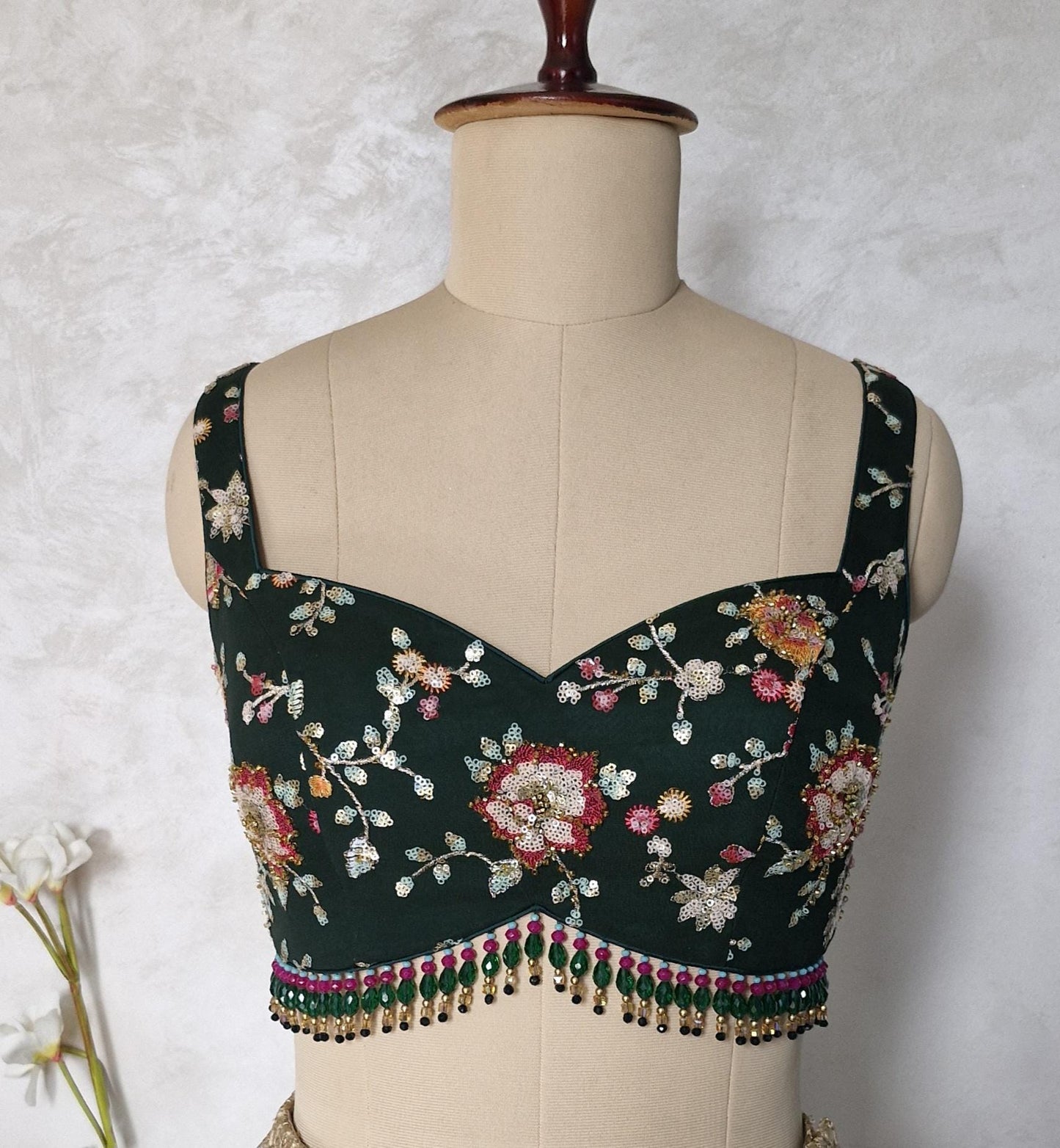 Bottle Green Embroidered Sweetheart Neck Blouse DVBL_441.