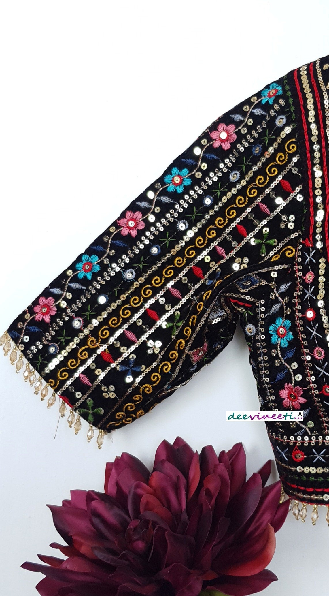 Black Embroidered Velvet Plunge Neckline Blouse DVBL_294