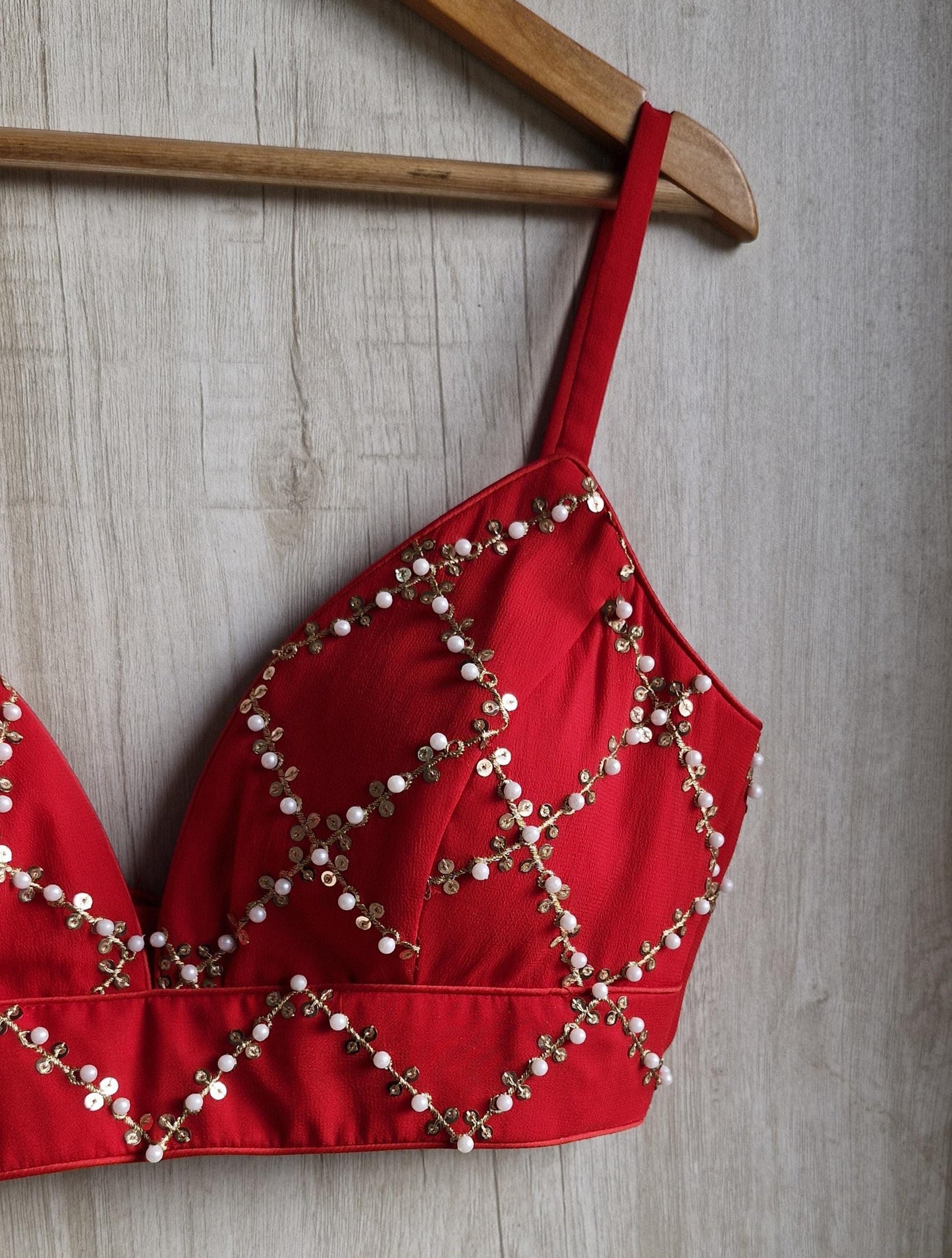 Beads and Sequins Embroidered Red Spaghetti Blouse DVBL_438